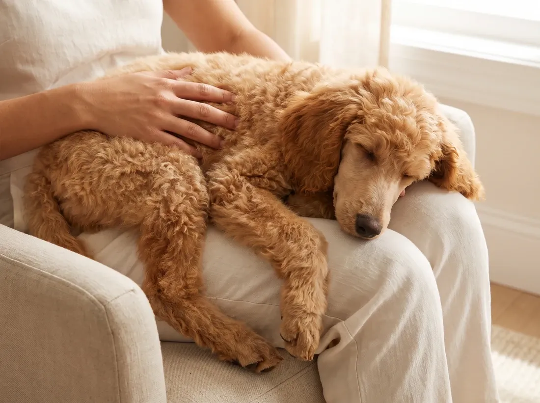 Standard Poodle, an apricot puppy asleep in a pet parent's lap in a linen armchair