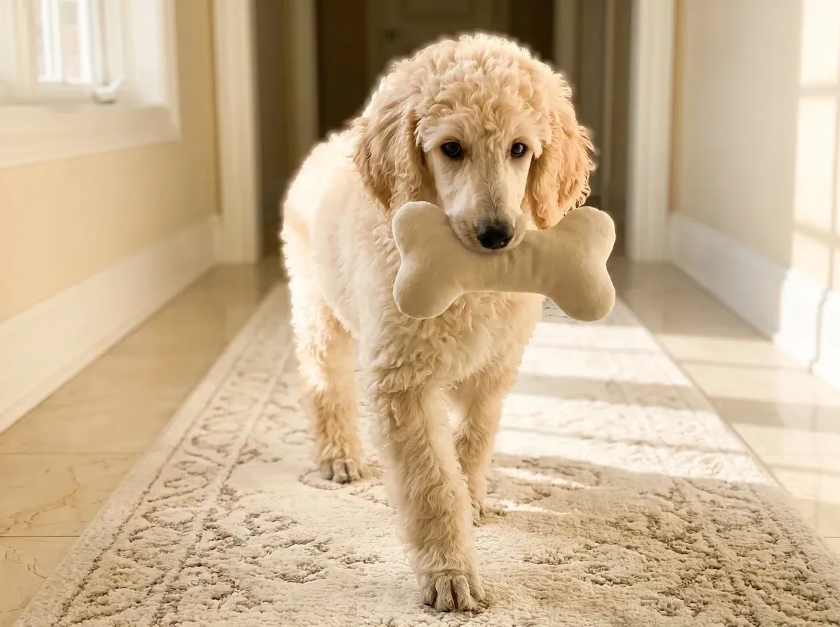 Standard Poodle, a cream puppy carrying a soft toy bone along a rug in a bright hallway