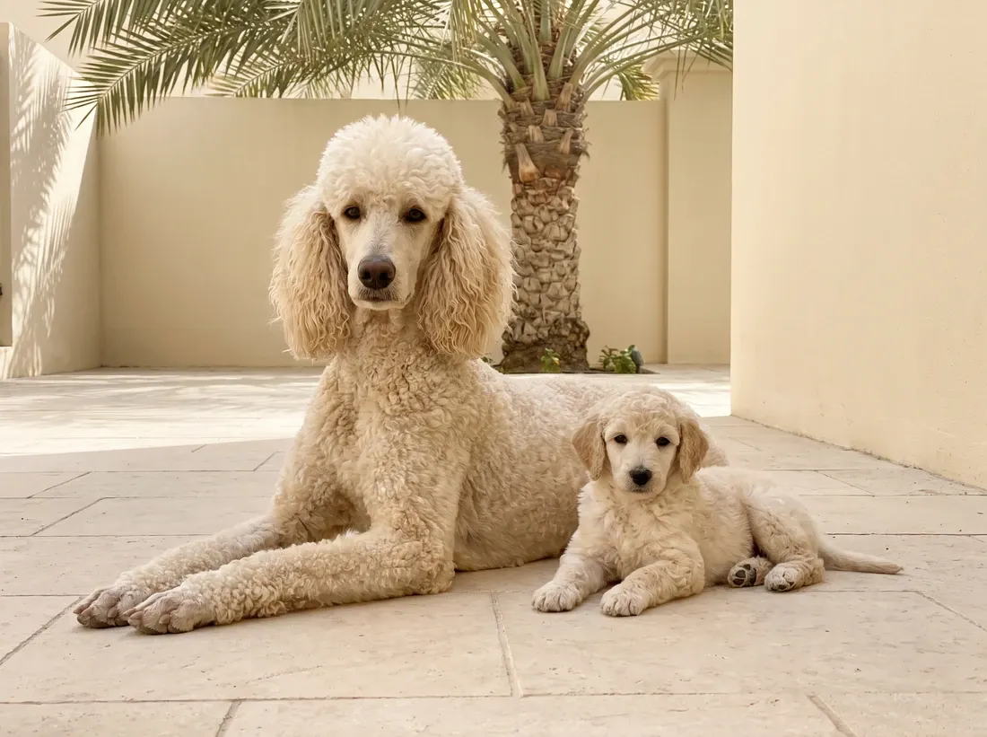 Standard Poodle in Dubai, a cream mother lying beside a puppy in a villa courtyard with a date palm