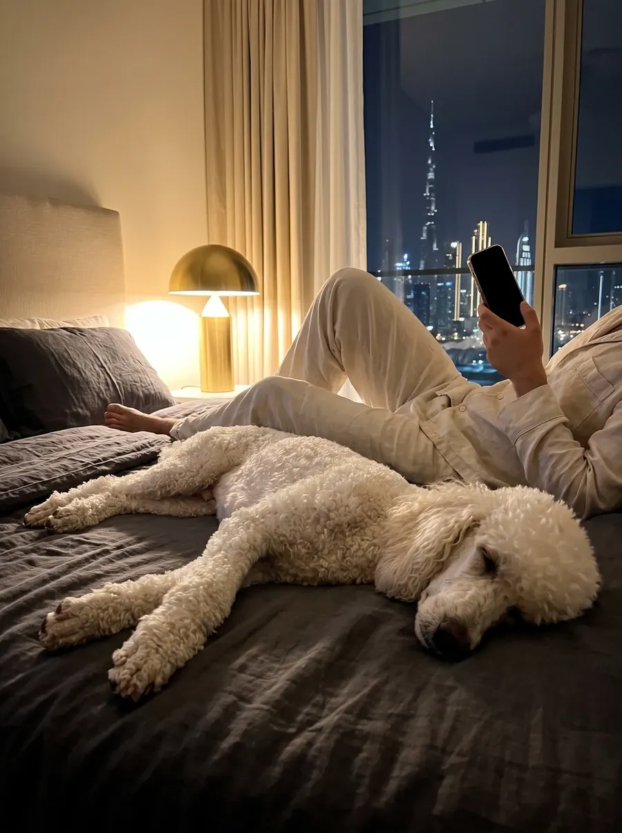 Standard Poodle in Dubai, a white adult asleep on a dark duvet beside a pet parent on a phone, the skyline beyond