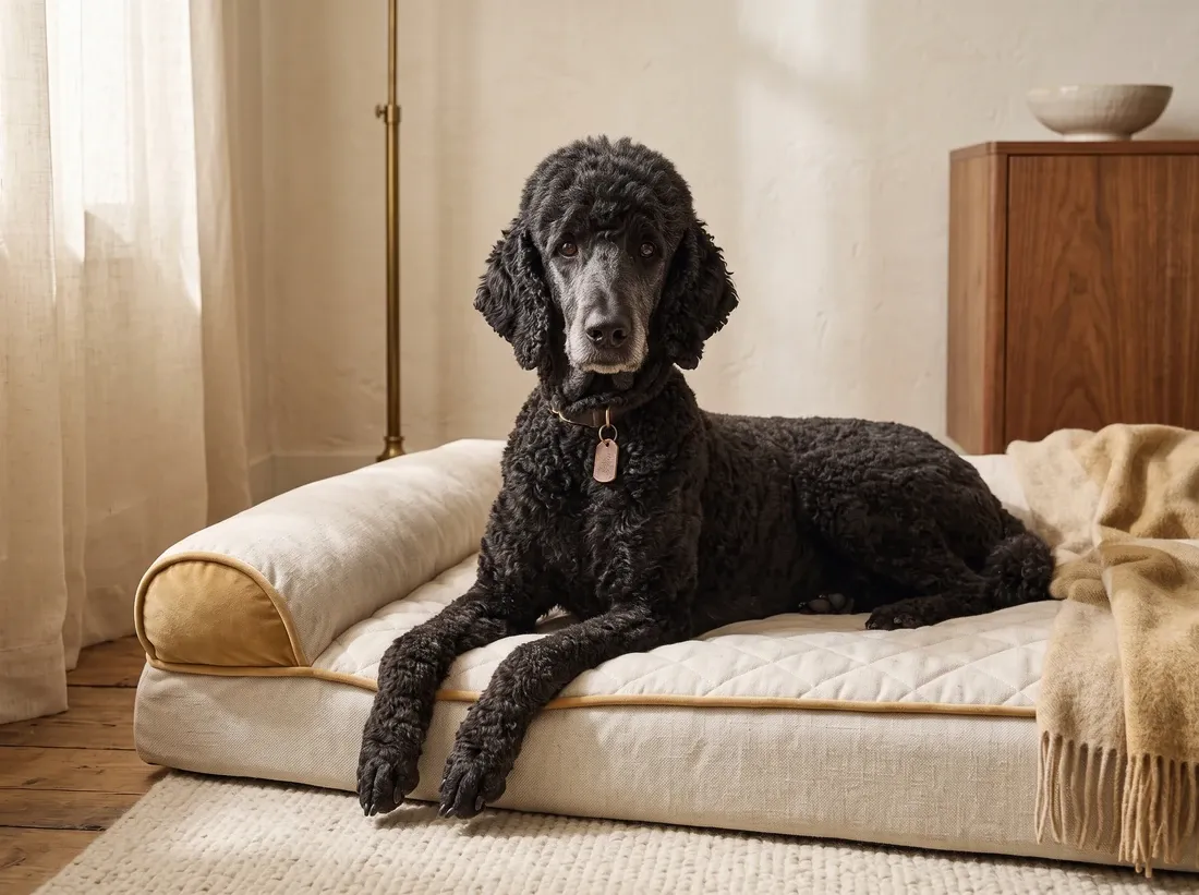 Standard Poodle, an older black dog resting on a cream orthopaedic bed