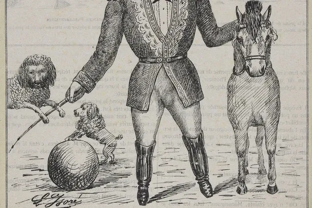 Standard Poodle history, a circus trainer with a performing dog balancing on a ball, Paris, 1882