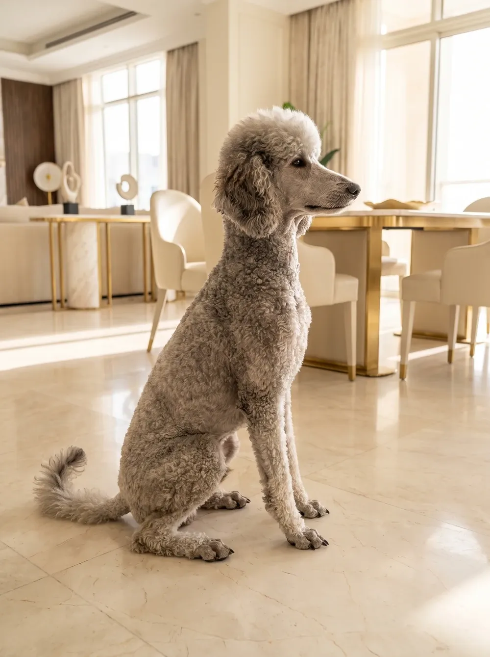 Standard Poodle, the same silver adult sitting side-on on cool marble in a bright flat