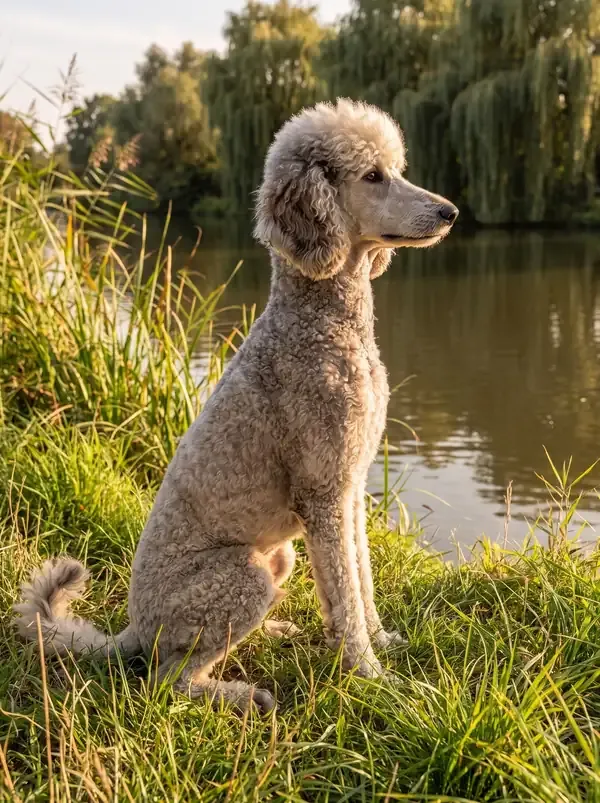 Standard Poodle, a silver adult sitting side-on on a grassy riverbank by willows