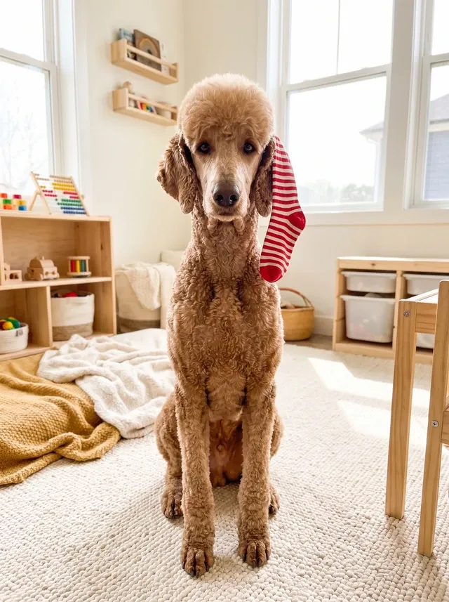 Standard Poodle, a brown adult sitting on a playroom rug with a striped sock draped over one ear