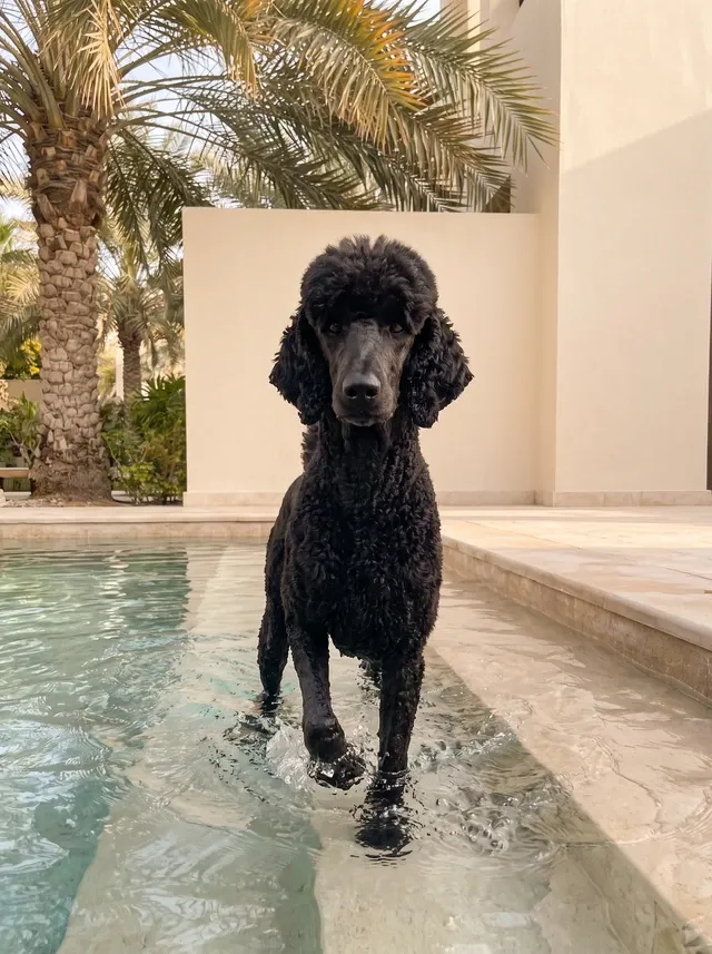 Standard Poodle in Dubai, a black adult wading down the steps of a villa pool, date palms behind
