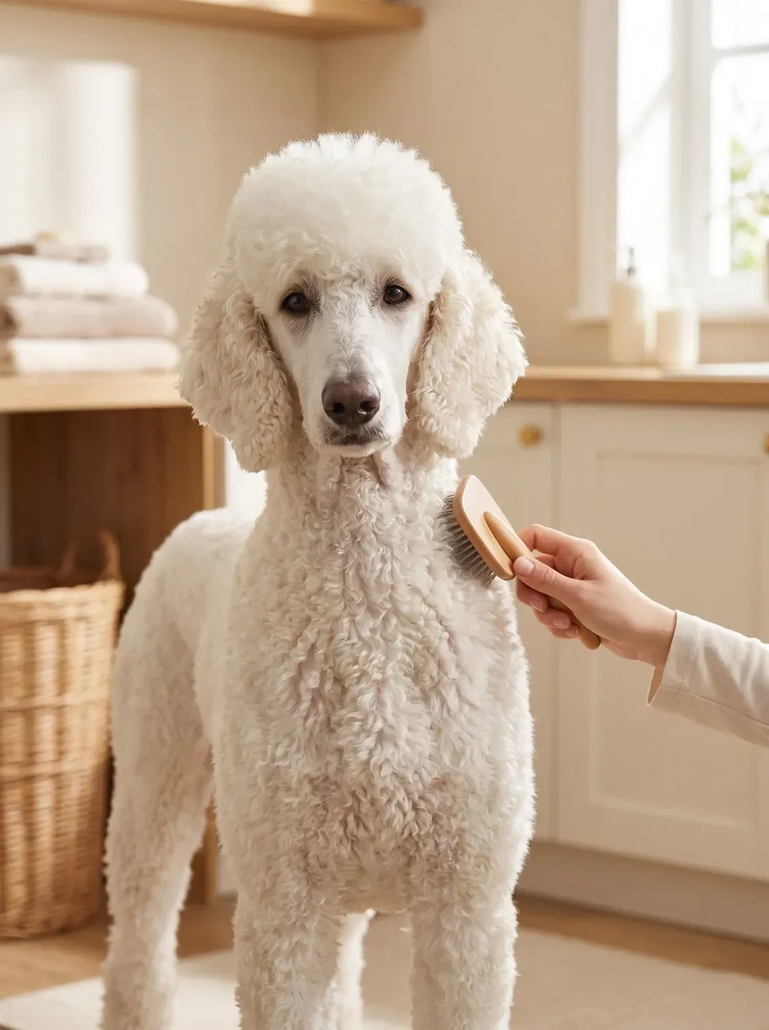 Standard Poodle, a white adult standing calmly in a laundry room while a hand brushes the dog's curls