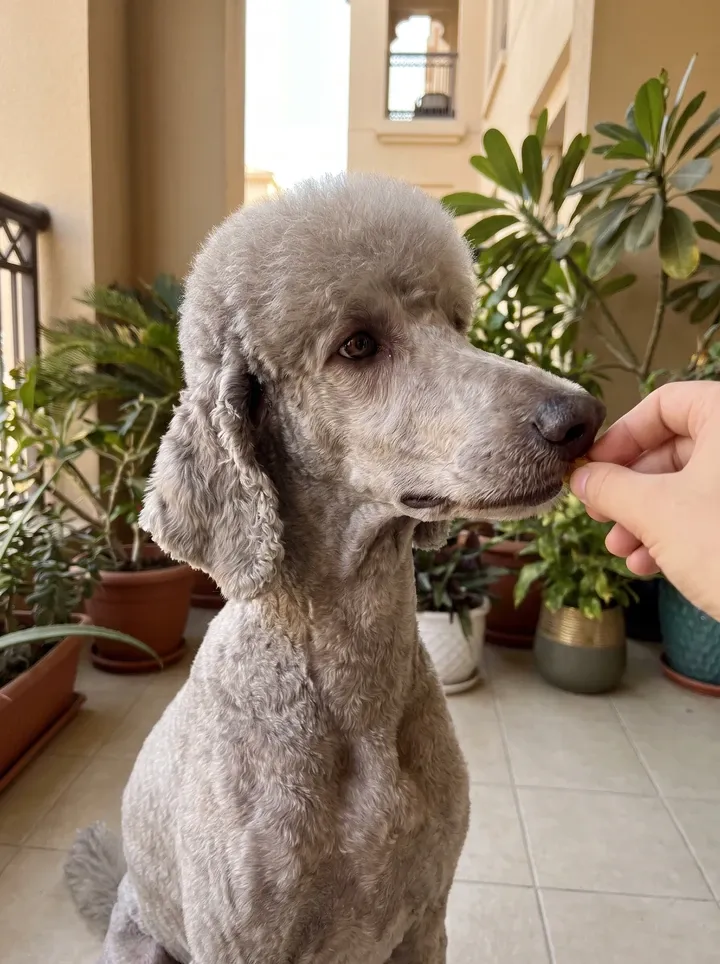 Standard Poodle, a silver adult on a shaded balcony, sniffing a treat in a pet parent's hand