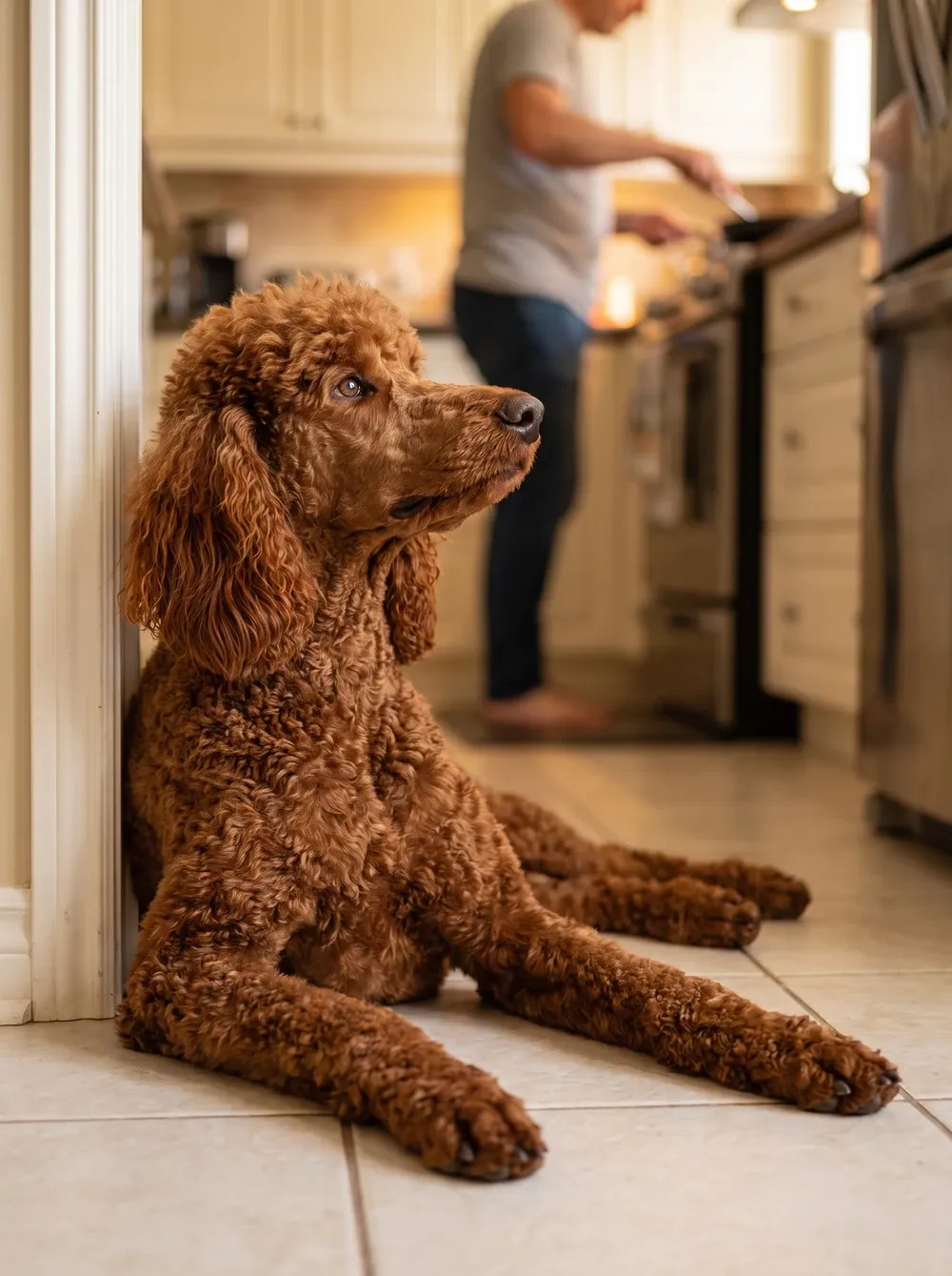 Standard Poodle, a red adult lying in a kitchen doorway, watching a pet parent cook