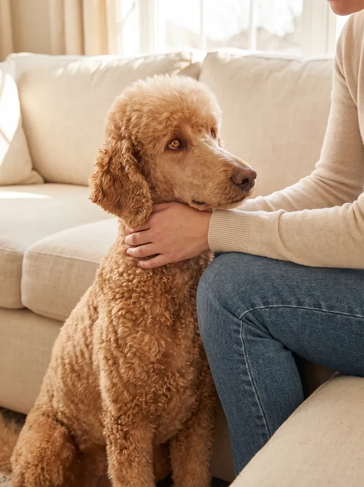 Standard Poodle, an apricot adult sitting by a cream sofa, leaning into a pet parent's hand