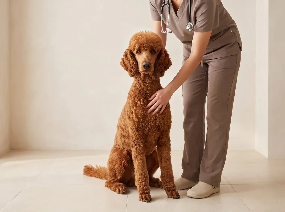 Standard Poodle, a red adult sitting on the floor, a vet in taupe scrubs with a hand on the dog's chest