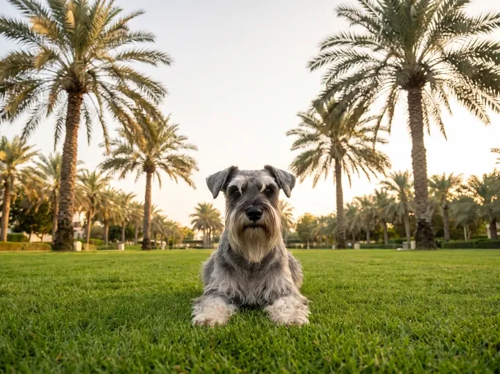 Standard Schnauzer in Dubai, a pepper and salt adult lying on a park lawn under date palms