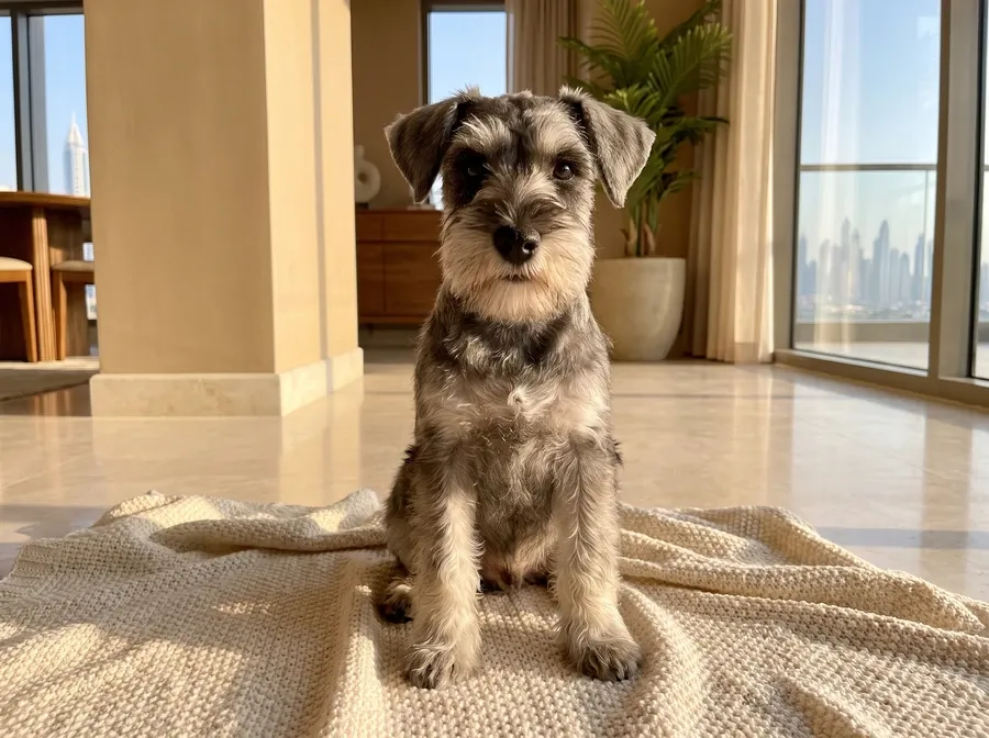 Standard Schnauzer in Dubai, a pepper and salt puppy sitting on a cream blanket, the skyline through the window