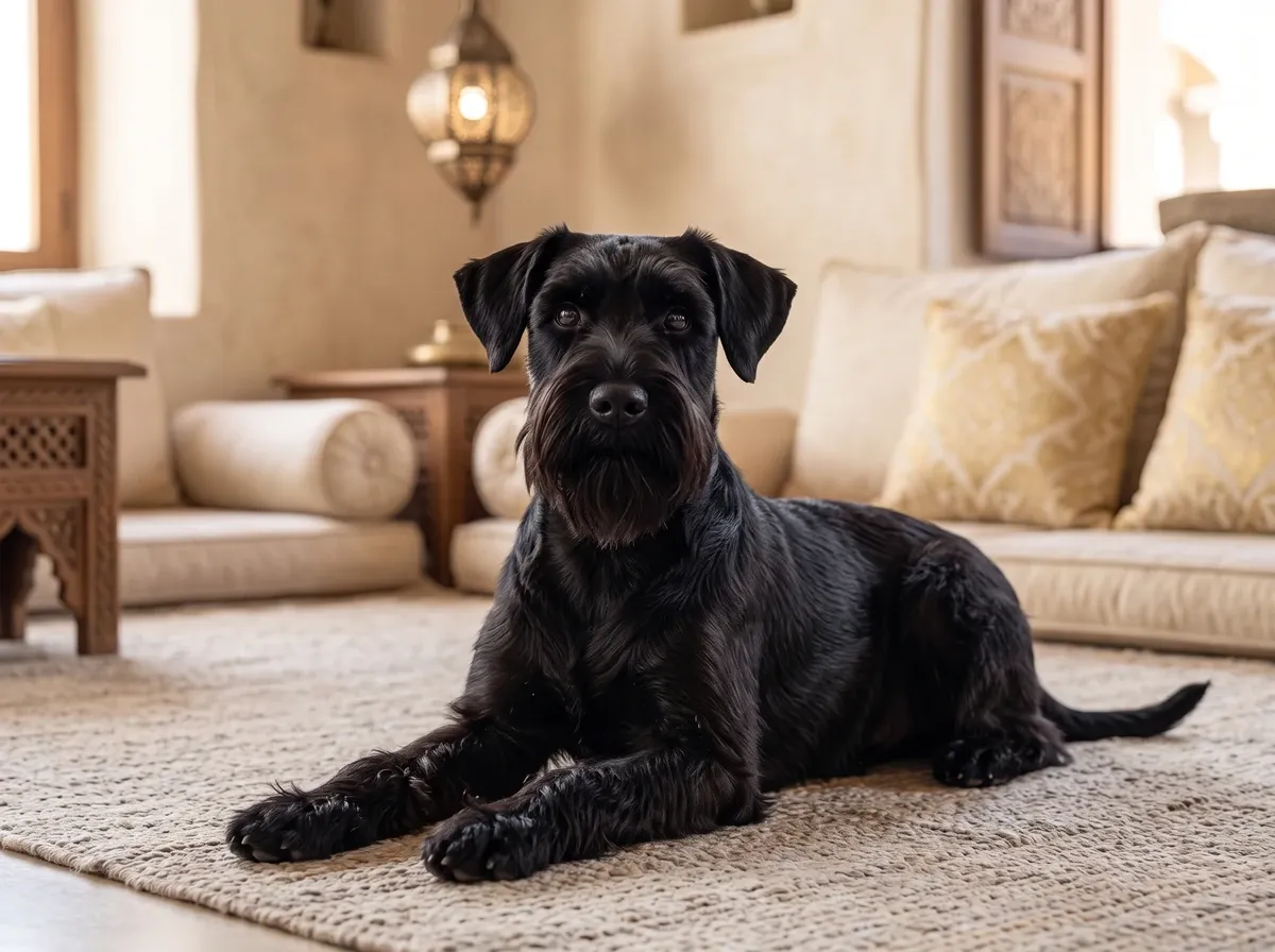Standard Schnauzer in Dubai, a black adult lying on a rug in a majlis with low floor cushions