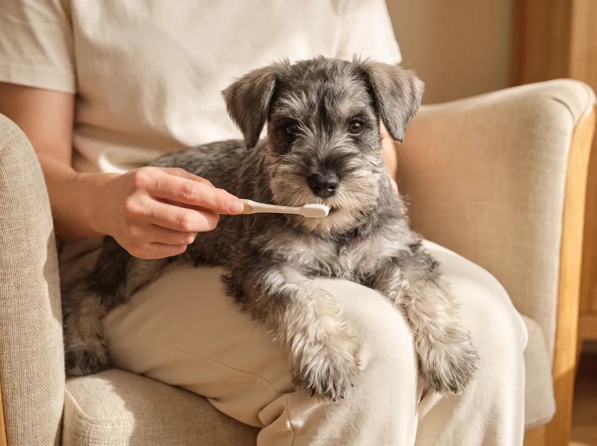 Standard Schnauzer, a pepper and salt puppy in a pet parent's lap having their teeth brushed