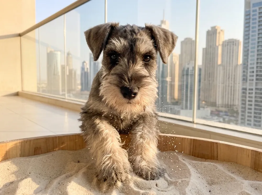 Standard Schnauzer in Dubai, a pepper and salt puppy digging in a tub of play sand on a balcony, towers behind