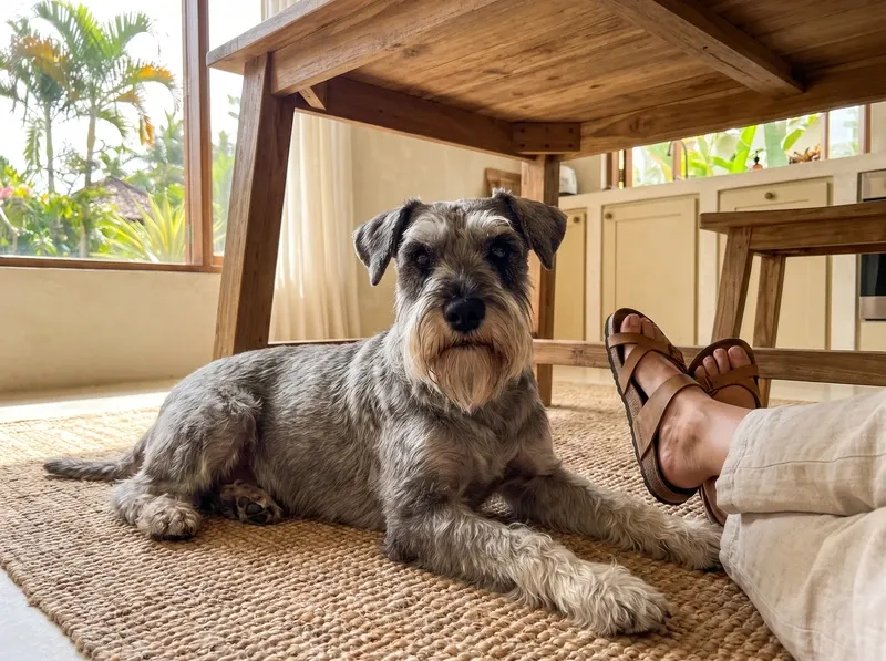 Standard Schnauzer, a pepper and salt adult lying on a jute rug under the kitchen table by a pet parent's feet