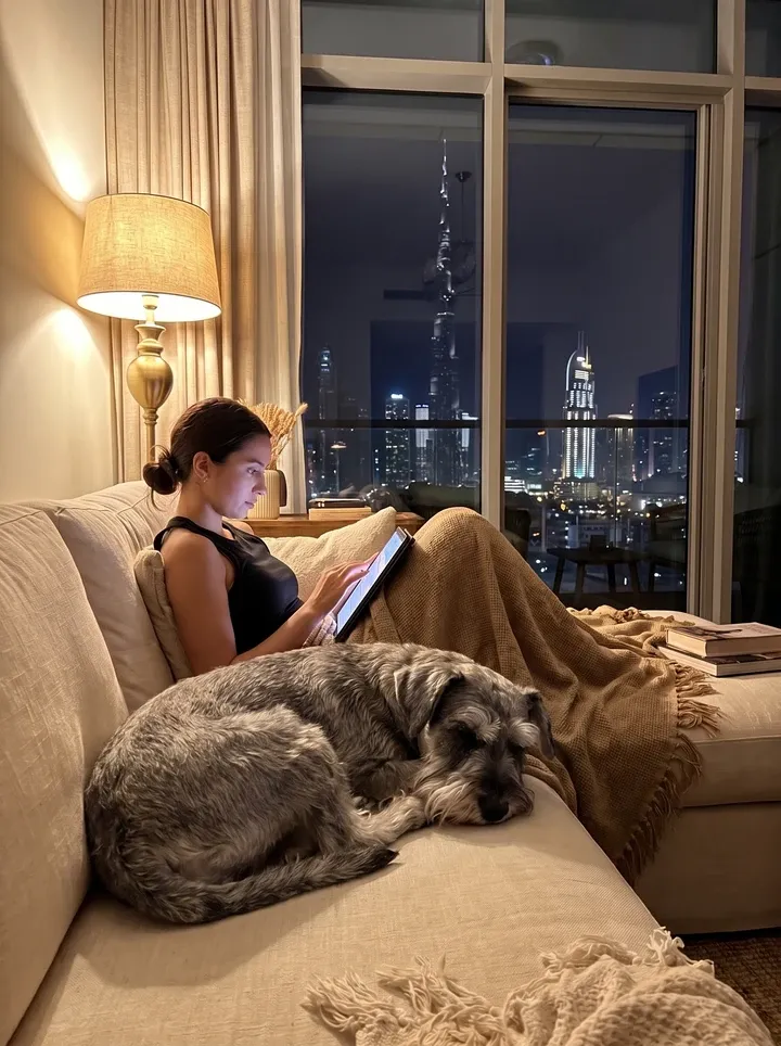 Standard Schnauzer in Dubai, a pepper and salt adult asleep on a sofa by a pet parent reading a tablet, the skyline behind