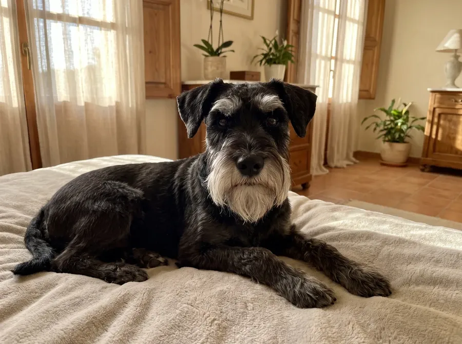 Standard Schnauzer, an older black dog with a white beard lying on a soft bed, eyes bright