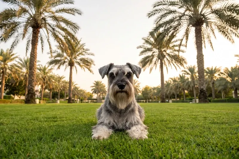 Standard Schnauzer history, the breed today, a pepper and salt adult on a park lawn under date palms, Dubai, 2026