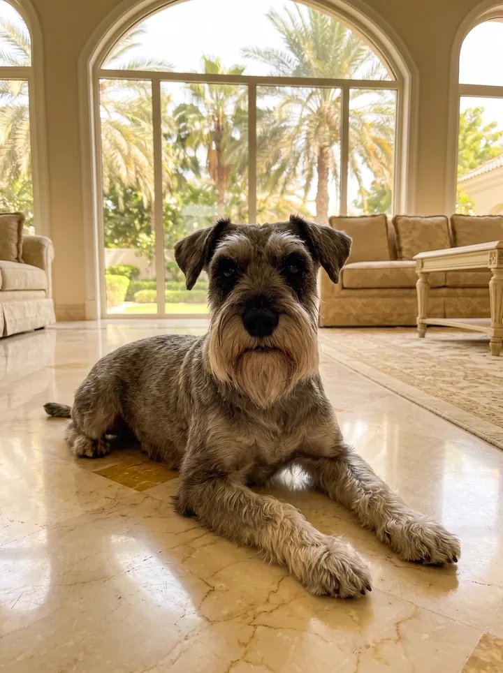 Standard Schnauzer in Dubai, a pepper and salt adult lying on cool marble by an arched window onto palms