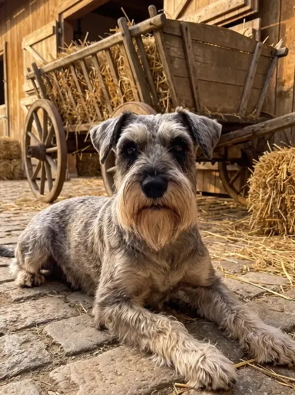 Standard Schnauzer, a pepper and salt adult lying on cobbles in an old farm stable yard beside a hay cart