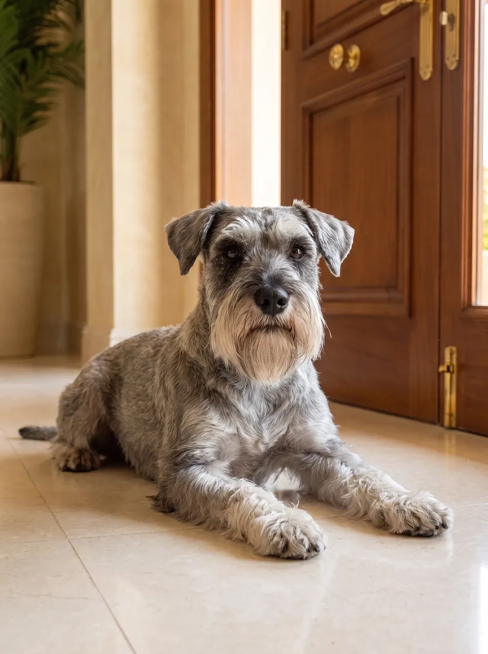 Standard Schnauzer, a pepper and salt adult lying alert on cream tiles by a timber front door