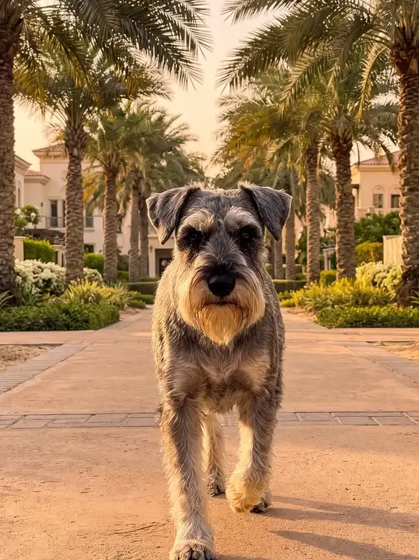 Standard Schnauzer in Dubai, a pepper and salt adult walking along a palm-lined villa path at sunrise
