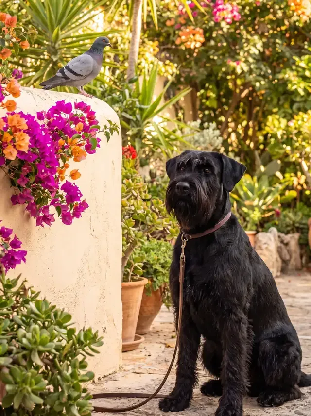 Standard Schnauzer in Dubai, a black adult on a lead in a villa garden, a pigeon on the wall behind