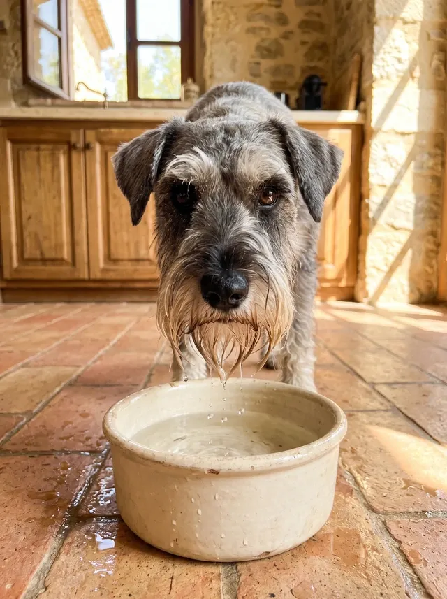 Standard Schnauzer, a pepper and salt adult with a wet beard lifting their head from a water bowl