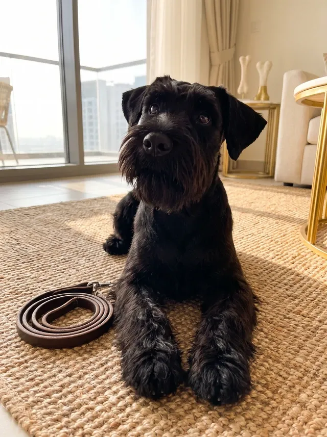 Standard Schnauzer in Dubai, a young black dog lying on a jute rug beside a lead, towers through the window