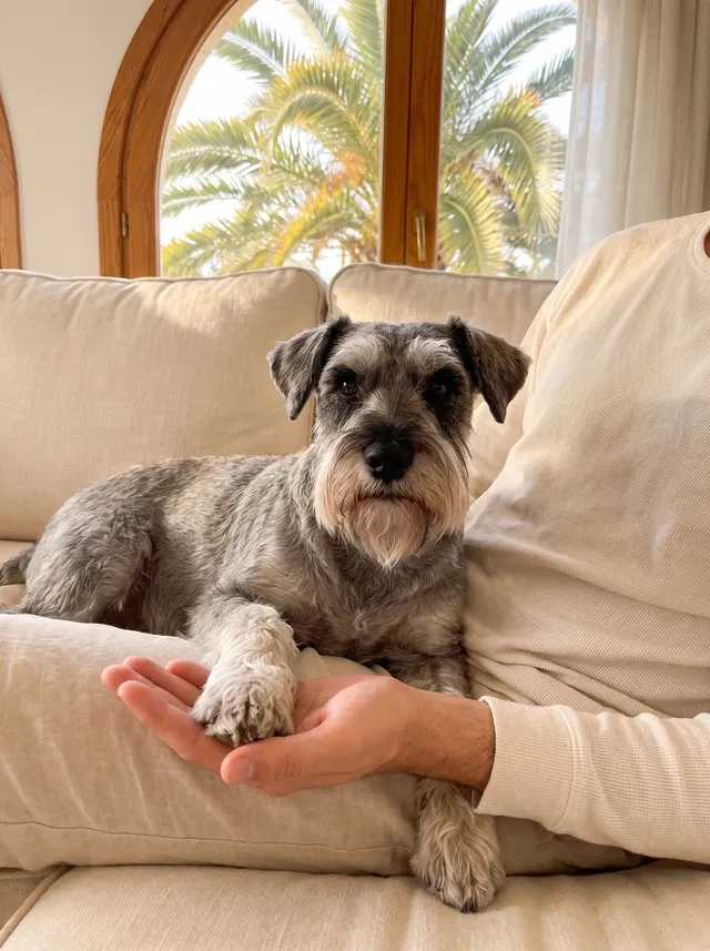 Standard Schnauzer in Dubai, a pepper and salt adult on a sofa resting a front paw in a pet parent's hand, palms outside