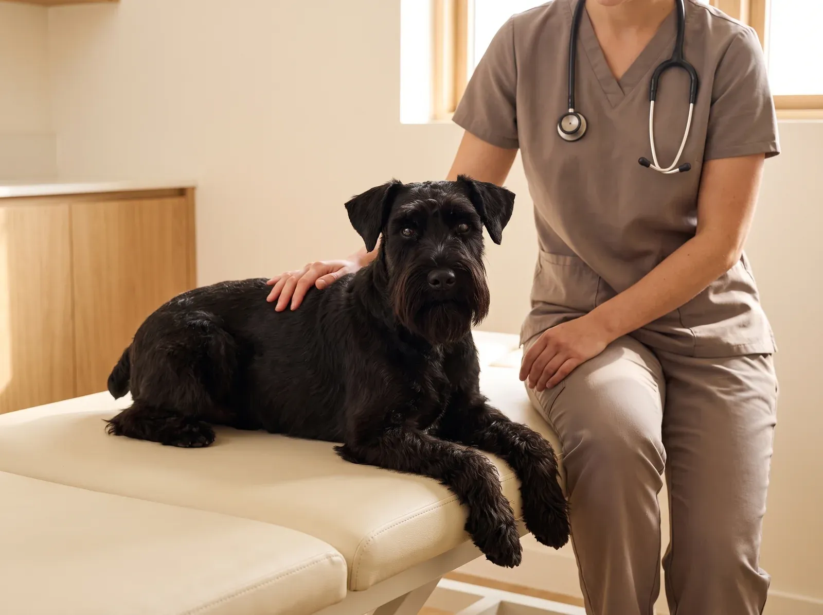 Standard Schnauzer, a black adult on a padded table with a vet in taupe scrubs resting a hand on their back