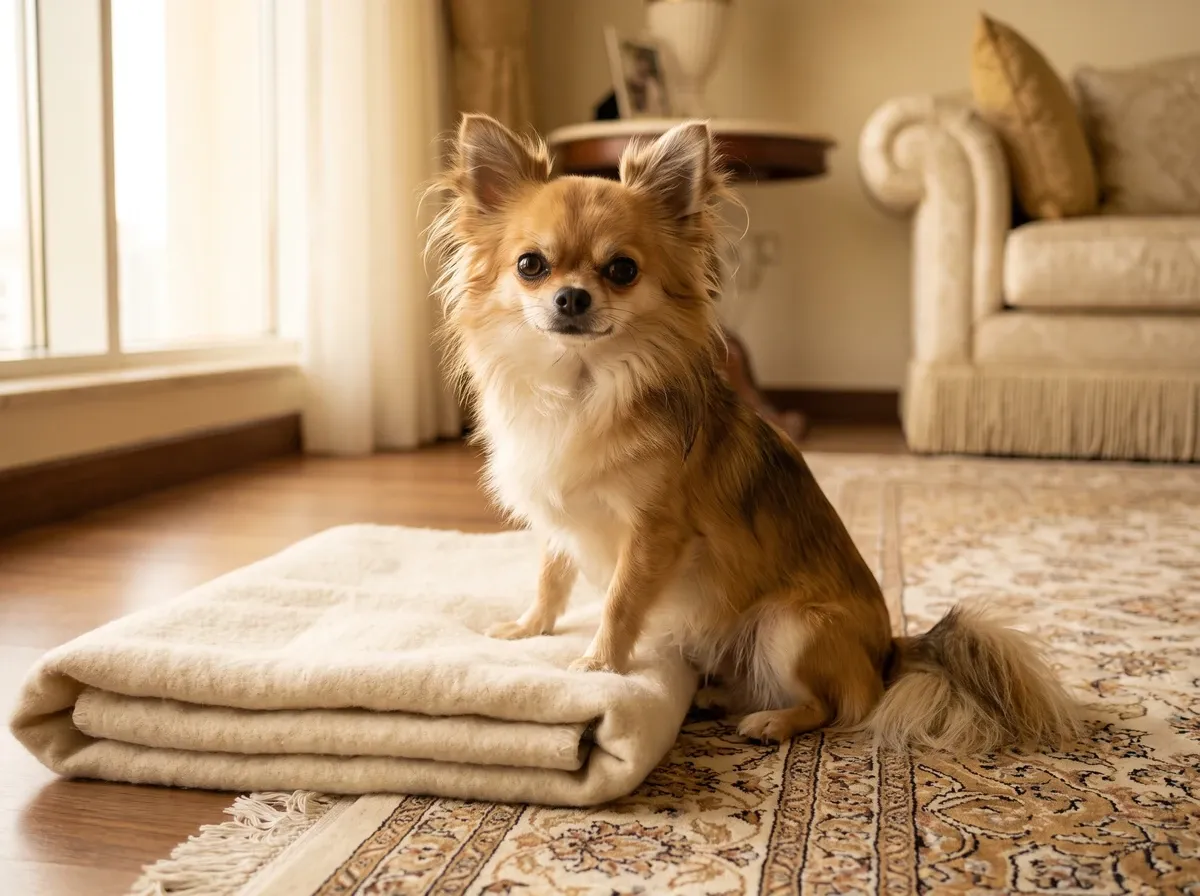 Teacup Chihuahua, a long-coated sable adult sitting on a folded cream blanket on a patterned rug