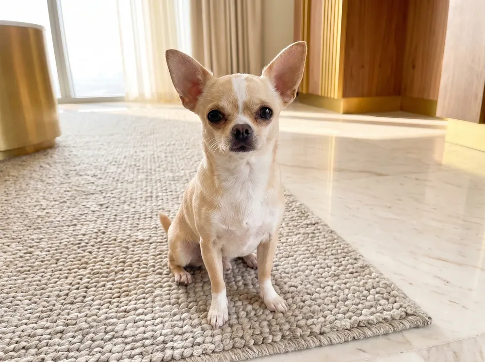 Teacup Chihuahua, a cream and white adult sitting on a stone-coloured rug on a marble floor