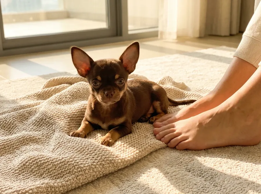 Teacup Chihuahua, a chocolate puppy lying on an oatmeal blanket beside a pet parent's bare feet