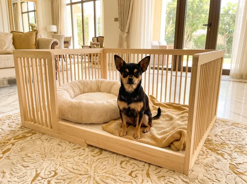 Teacup Chihuahua, a young black and tan dog sitting in a wooden puppy pen with a soft bed and blanket