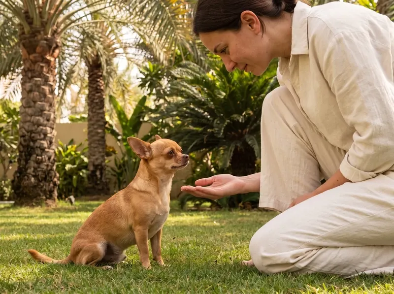 Chihuahua in Dubai, a standard-size red adult meeting a kneeling pet parent's open hand on a lawn by date palms