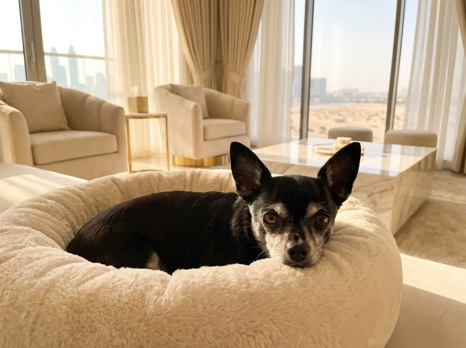 Teacup Chihuahua in Dubai, an older black dog with a greying muzzle resting in a cream bed, the skyline behind