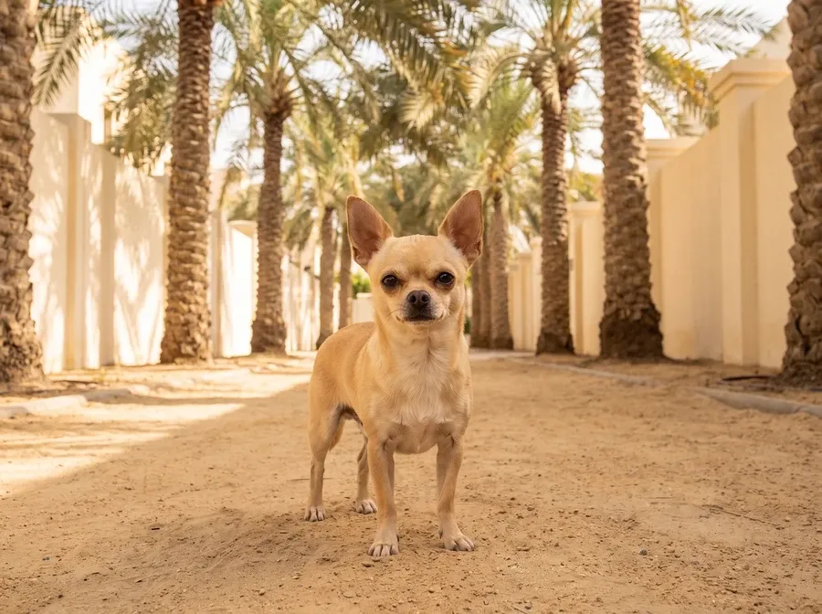 Teacup Chihuahua history, the breed today, a fawn adult on a sandy path between date palms and villa walls, Dubai, 2026