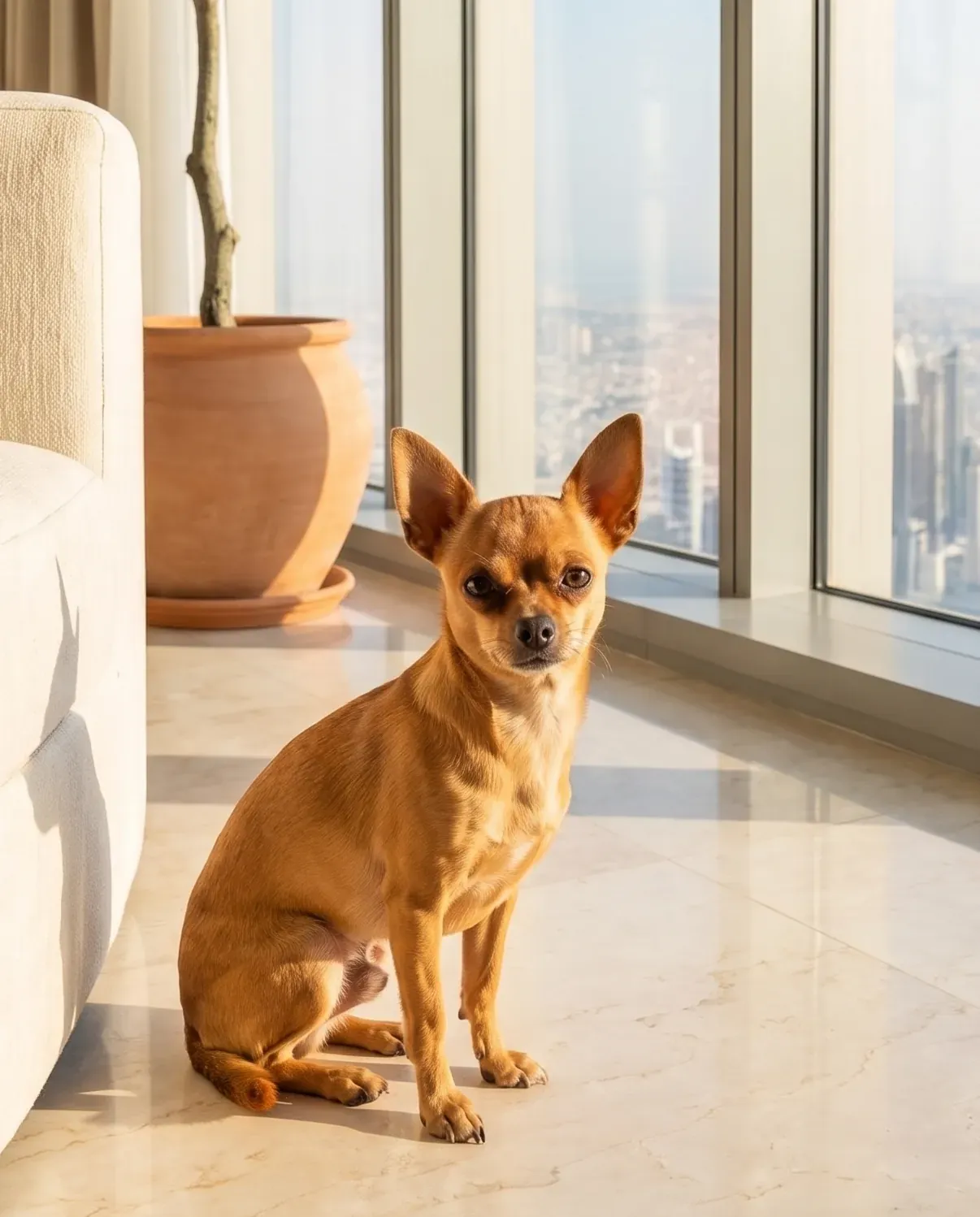 Teacup Chihuahua in Dubai, the same red adult sitting on a marble floor by a window over the city
