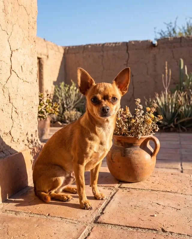 Teacup Chihuahua, a red adult sitting on terracotta tiles in a sunlit adobe courtyard beside a clay pot
