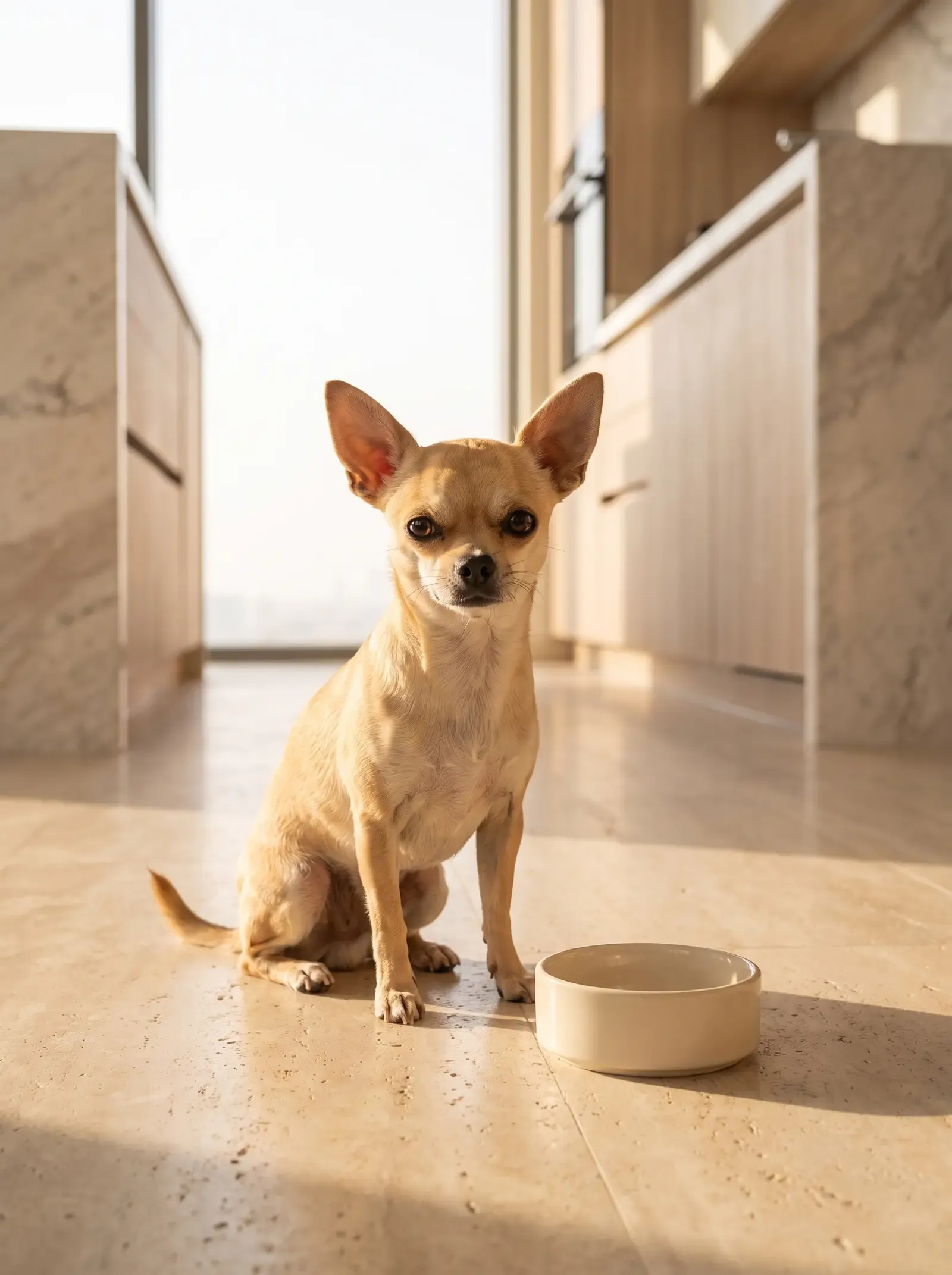Teacup Chihuahua, a fawn adult sitting beside a small cream food bowl on a stone kitchen floor in morning light