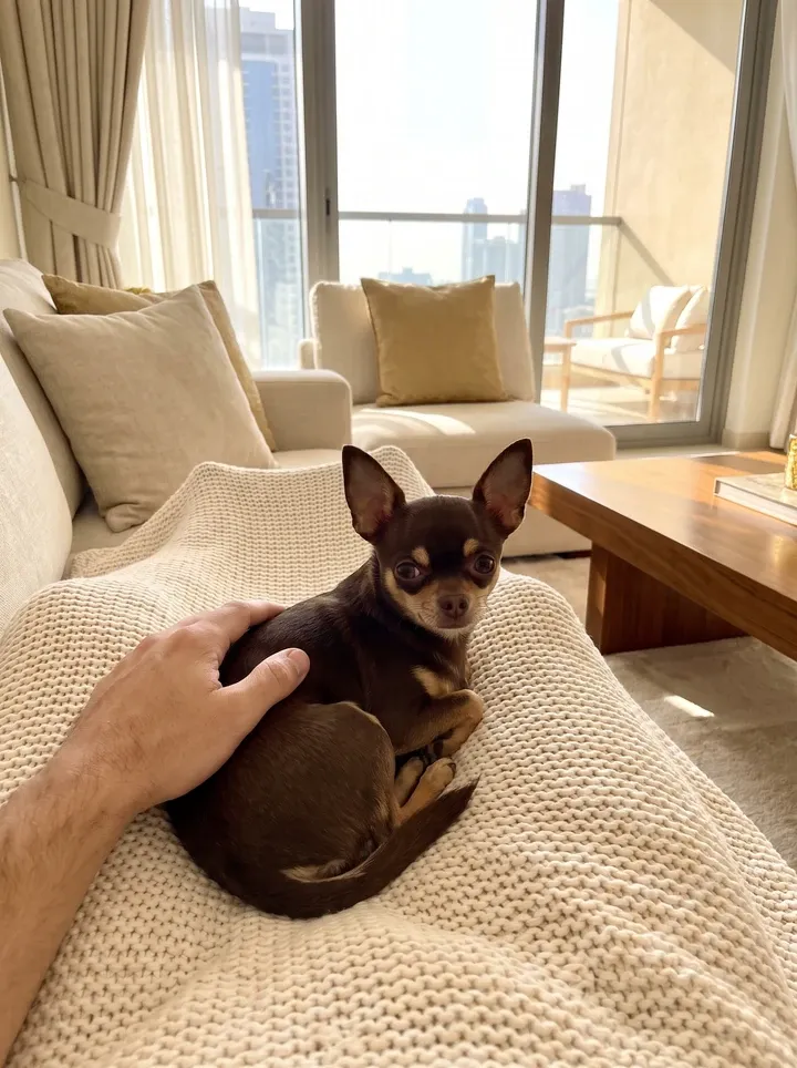 Teacup Chihuahua in Dubai, a chocolate adult curled on a knitted blanket under a resting hand, the skyline behind