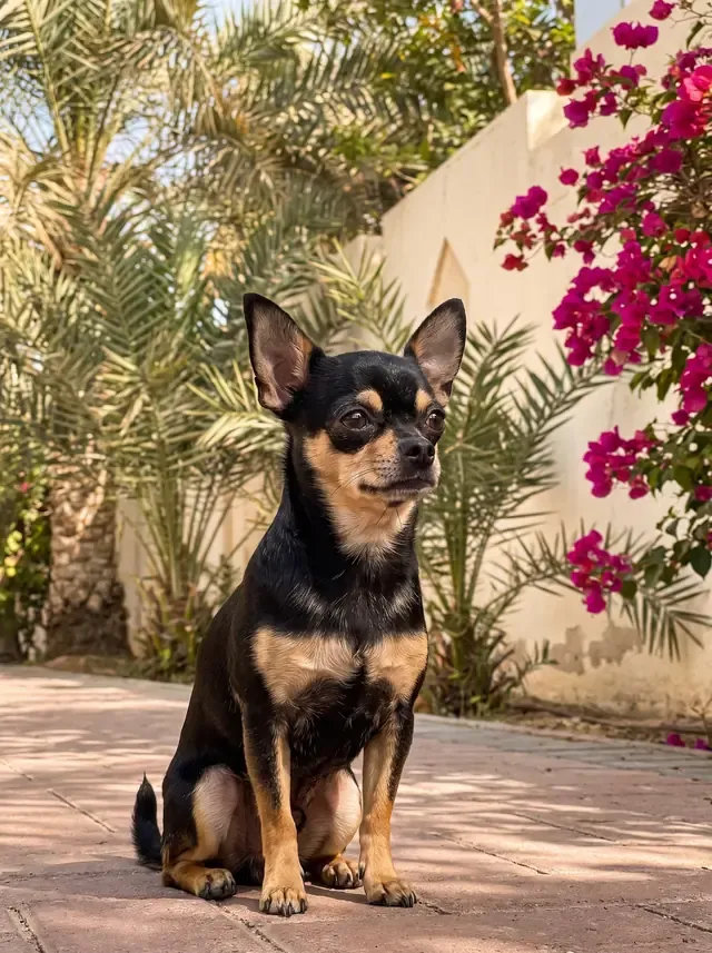 Teacup Chihuahua in Dubai, a black and tan adult sitting alert on a villa path by date palms and bougainvillea
