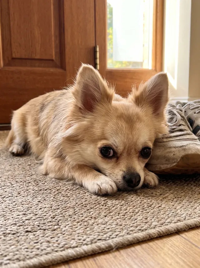 Teacup Chihuahua, a long-coated cream adult lying on a mat by the front door, head resting against a trainer