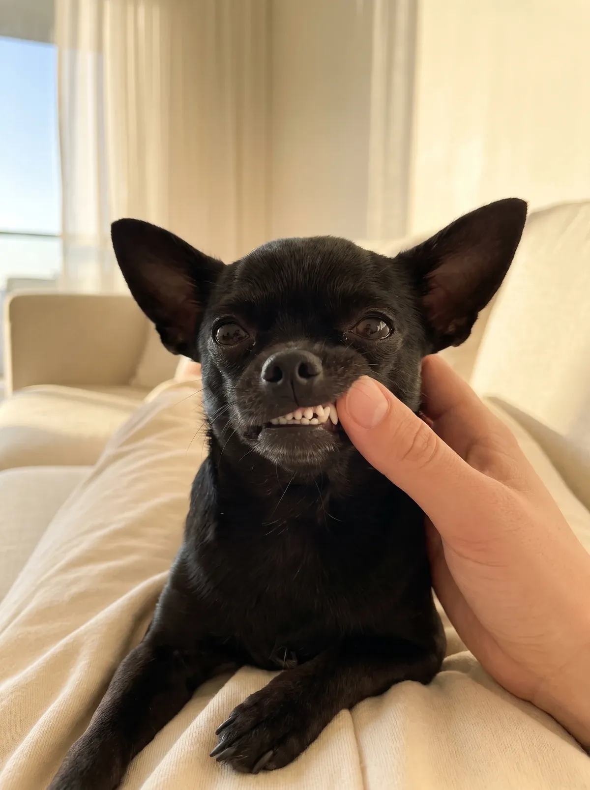 Teacup Chihuahua, a black adult sitting calmly in a lap as a thumb gently lifts the lip to show the teeth