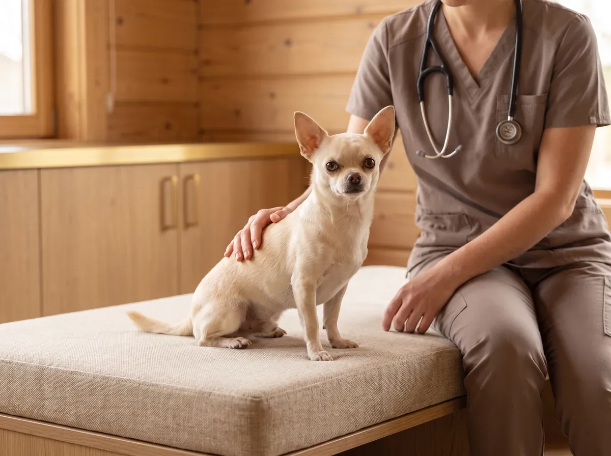 Teacup Chihuahua, a cream adult on a padded table with a vet in taupe scrubs resting a hand on the dog's back