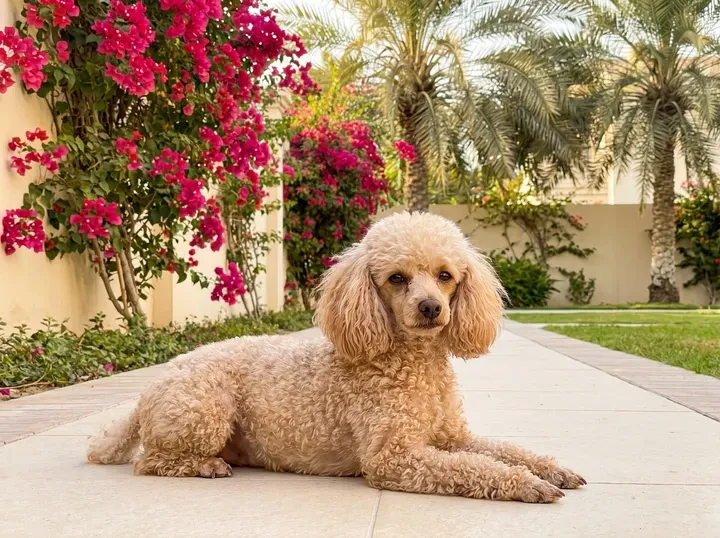 Teacup Poodle in Dubai, an apricot adult lying on a villa garden path with bougainvillea and date palms