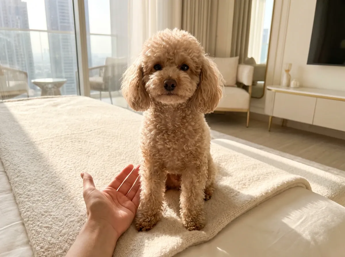 Teacup Poodle in Dubai, a cafe au lait adult on a cream blanket beside an open hand, towers behind